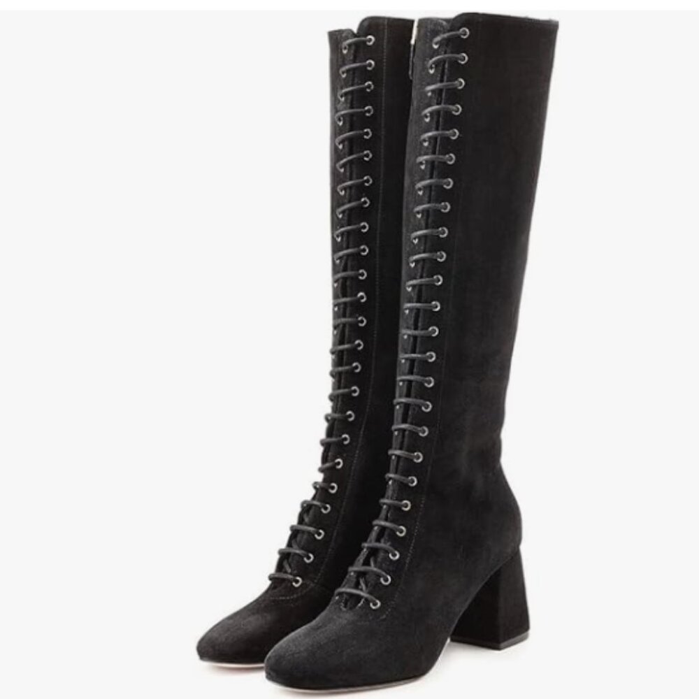 FSJ Black Round Toe Chunky Block Heel Knee High Riding Boots Laces Dress Shoes